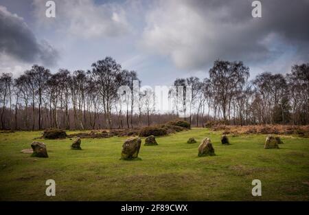 The Nine Ladies Stone Circle on Stanton Moor in the Peak District National park, Derbyshire, UK Stock Photo