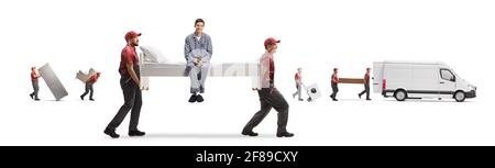 Movers carrying a bed with man in pajamas and other coworkers carrying items into a van isolated on white background Stock Photo