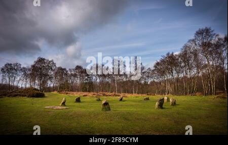 The Nine Ladies Stone Circle on Stanton Moor in the Peak District National park, Derbyshire, UK Stock Photo