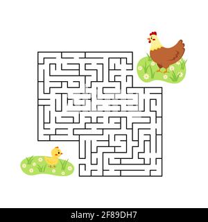 Farm maze game chicken find hen in labyrinth isolated on white background. Stock Vector