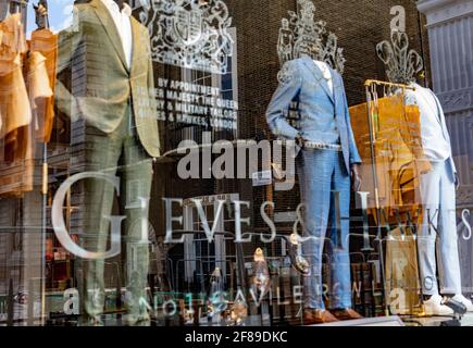 Shop window of Gieves & Hawkes, a bespoke men's tailor at No.1 Savile Row, London; founded 1771; holder of three Royal Warrants. Stock Photo