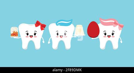 Orthodox Easter cute teeth dental icon set. Stock Vector