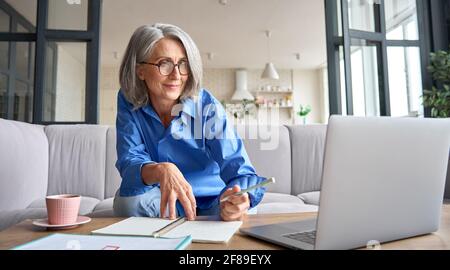 Mature senior woman having video call virtual class at home. Stock Photo