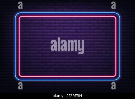 Blue and red colored neon glowing frame of sign over brick wall Stock Vector