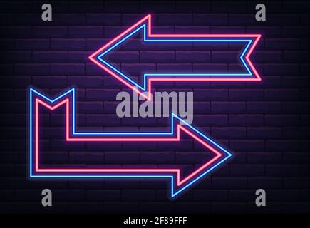 Blue and red colored neon glowing frame in arrow shape, for direction sign, on brick wall Stock Vector