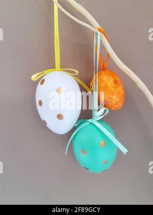 On the eve of Easter, festive decorations in the form of colorful Easter eggs. Stock Photo