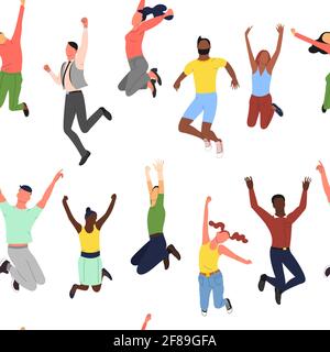 Seamless pattern with crowd of young happy multinational diverse people in jumping poses with hands up Stock Vector