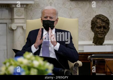 Washington, United States. 12th Apr, 2021. President Joe Biden joined by Vice President Kamala Harris holds a meeting with lawmakers to discuss the American Jobs Plan in the Oval Office of the White House in Washington, DC on Monday, April 12, 2021. Pool Photo by Amr Alfiky/UPI Credit: UPI/Alamy Live News Stock Photo