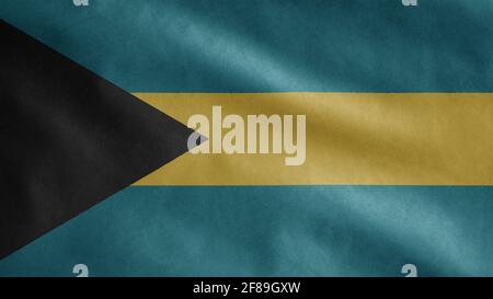 Bahamian flag waving in the wind. Close up of Bahamian banner blowing, soft and smooth silk. Cloth fabric texture ensign background. Stock Photo