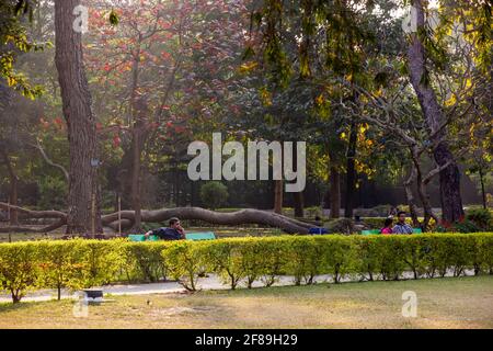 Kolkata, West Bengal, India - January 2018: People relaxing in the beautiful green gardens of the Victoria Memorial in the city of Kolkata. Stock Photo