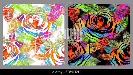 Multicolored roses seamless pattern. Dark and light background. Vector illustration Stock Vector