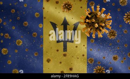 3D, Flu coronavirus floating over Barbadian flag, a pathogen that attacks the respiratory tract. Barbados banner waving with pandemic of Covid19 virus Stock Photo