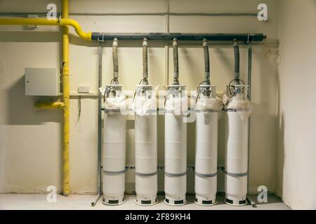 Part of the fire-fighting system. Carbon dioxide balloons to extinguish a fire. Stock Photo