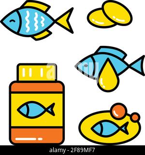 Omega 3 logo design. Fish oil vector design. Fish simple icon set Stock Vector