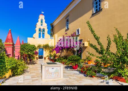 Corfu, Greece. Courtyard of the Theotokos Monastery also known as Paleokastritsa Monastery. Stock Photo