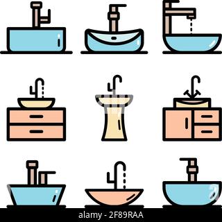 Sink simple color icons set isolated on white background. Vector washbasin element In trendy style. Stock Vector