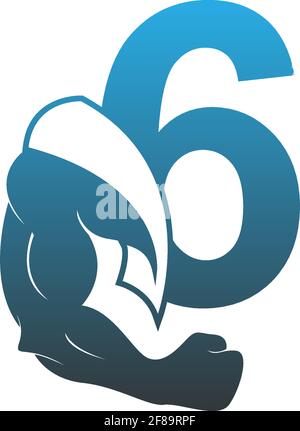 Number 6 logo icon with muscle arm design vector illustration Stock Vector