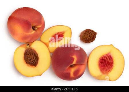 ripe peach isolated on white background with clipping path. Top view. Flat lay Stock Photo