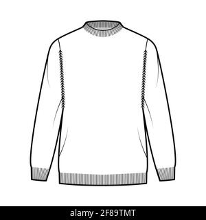 Fisherman Sweater technical fashion illustration with rib crewneck, long sleeves, oversized, hip length, knit trim. Flat jumper apparel front, white color style. Women, men unisex CAD mockup Stock Vector