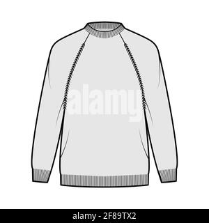 Fisherman Sweater technical fashion illustration with rib crewneck, long raglan sleeves, oversized, hip length, knit trim. Flat jumper apparel front, grey color style. Women, men unisex CAD mockup Stock Vector