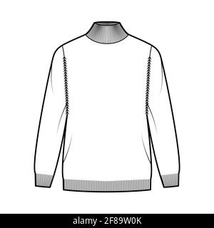 Turtleneck Sweater technical fashion illustration with long sleeves, oversized, fingertip length, knit rib trim. Flat jumper apparel front, white color style. Women, men unisex CAD mockup Stock Vector