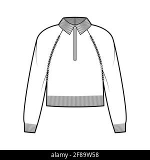 Zip-up cropped Sweater technical fashion illustration with rib henley neck, classic collar, long raglan sleeves, knit trim. Flat apparel front, white color style. Women, men unisex CAD mockup Stock Vector