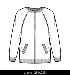 Zip-up cardigan Sweater technical fashion illustration with rib crew neck, long raglan sleeves, oversized, knit trim, pockets. Flat apparel front, white color style. Women, men unisex CAD mockup Stock Vector