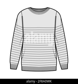 Sailor Sweater Striped Pullover technical fashion illustration with rib crew neck, long sleeves, oversized, hip length, knit cuff. Flat apparel front, grey color style. Women, men unisex CAD mockup Stock Vector