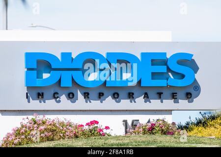 Sep 24, 2020 Milpitas / CA / USA - Diodes logo at their headquarters in Silicon Valley; Diodes Inc is an American manufacturer and supplier of discret Stock Photo