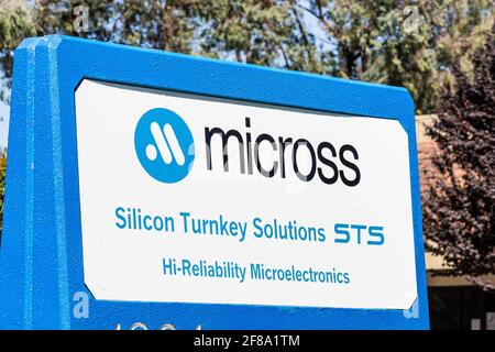Sep 24, 2020 Milpitas / CA / USA - Micross  logo at the Silicon Valley headquarters; Micross Components, acquired by Corfin Industries, provides speci Stock Photo