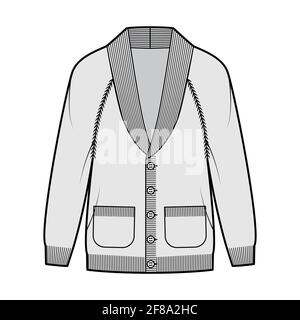 Cardigan Shawl collar Sweater technical fashion illustration with long raglan sleeves, oversized, hip length, knit rib trim, button closure. Flat apparel front grey color. Women, men unisex CAD mockup Stock Vector