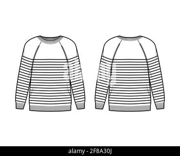 Sailor Sweater Striped Pullover technical fashion illustration with rib crew neck, long raglan sleeves, oversized, knit cuff. Flat apparel front, back, white color style. Women, men unisex CAD mockup Stock Vector