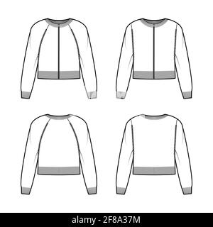 Set of Zip-up cardigans cropped Sweater technical fashion illustration with rib crew neck, knit trim, pockets. Flat jumper apparel front, back, white color. Women, men unisex CAD mockup Stock Vector