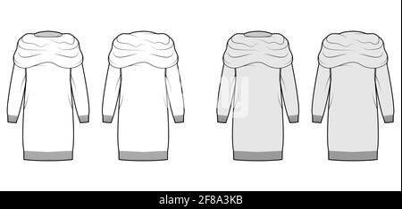 Chunky Sweater dress technical fashion illustration with Exaggerated turtleneck, long sleeves, oversized, knit rib trim. Flat apparel front, back, white grey color style. Women, men unisex CAD mockup Stock Vector