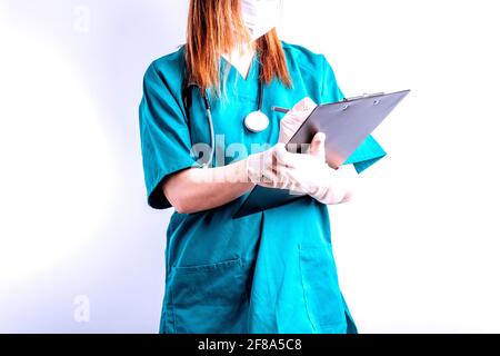 Young beautiful woman with stethoscope gloves. concept report for surgery Stock Photo