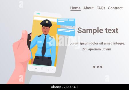 human hand using smartphone chatting with policeman during video call online communication concept portrait horizontal copy space vector illustration Stock Vector