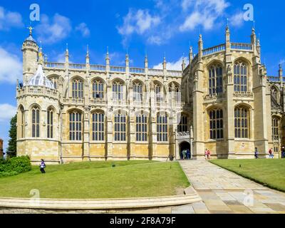 Exterior of the iconic Perpendicular Gothic architecture St George's Chapel in the Lower Ward of Windsor Castle, Windsor, Berkshire, UK Stock Photo