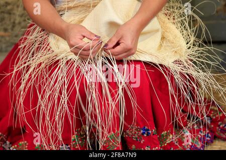 Woman's Hands Weaving a Straw Panama Hat in Cuenca, Ecuador, South America Stock Photo