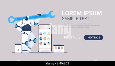 robot programmer holding wrench robotic developer optimizes software engineering coding programming Stock Vector