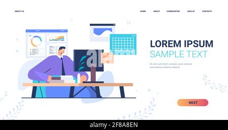 businessman at workplace analyzing charts and graphs data analysis process digital marketing Stock Vector