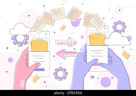 hands sending and receiving document folders via smartphones copy transfer exchange file sharing concept Stock Vector