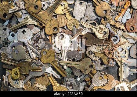 Coloma MI USA May 5 2019; a box of miss matched keys in many shapes and sizes are sold at an outdoor yard sale Stock Photo
