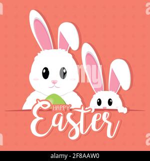 Cute bunnies cartoon with an easter eggs. Happy easter poster - Vector illustration Stock Vector