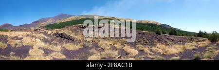 Mount Etna in Sicily near Catania, Tallest active Europe volcano in Italy. Panoramic banner composition. Stock Photo