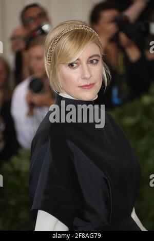 Greta Gerwig arrives to the 2018 Met Costume Gala Heavenly Bodies, held at the Metropolitan Museum of Art in New York City, Monday, May 7, 2018. Photo by Jennifer Graylock-Graylock.com 917-519-7666 Stock Photo