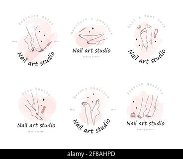 Vector logotype for nail art studio. Foot care concept. Modern design for manicure and pedicure salon beauty and spa center. Linear illustration Stock Vector
