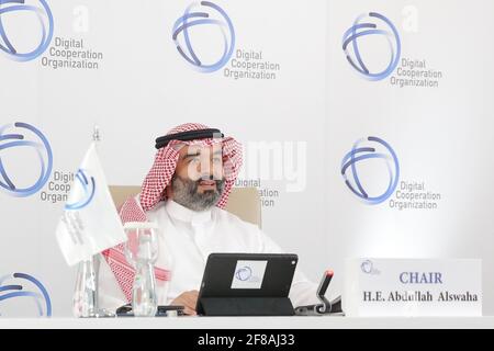 (210413) -- RIYADH, April 13, 2021 (Xinhua) -- Abdullah Al-Swaha, Saudi Arabia's Minister of Communications and Information Technology, attends the Digital Cooperation Organization (DCO)'s first council meeting in Riyadh, Saudi Arabia, April 12, 2021. Based in Saudi capital Riyadh, the DCO held its first council meeting on Monday and announced Nigeria and Oman as founding members. (Saudi Ministry of Communications and Information Technology/Handout via Xinhua) Stock Photo