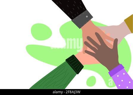 Hands of different skin tones are folded together. Stock Vector