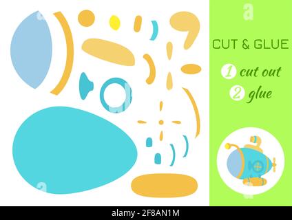 Cut and glue paper cartoon turquoise submarine. Cut and paste craft activity page. Educational game for preschool children. DIY worksheet. Kids logic Stock Vector