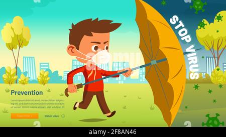 Stop virus cartoon web banner, little boy in medical mask with umbrella protect from covid19 cells rain falling down from sky. Child walking in park during coronavirus pandemic, Vector illustration Stock Vector